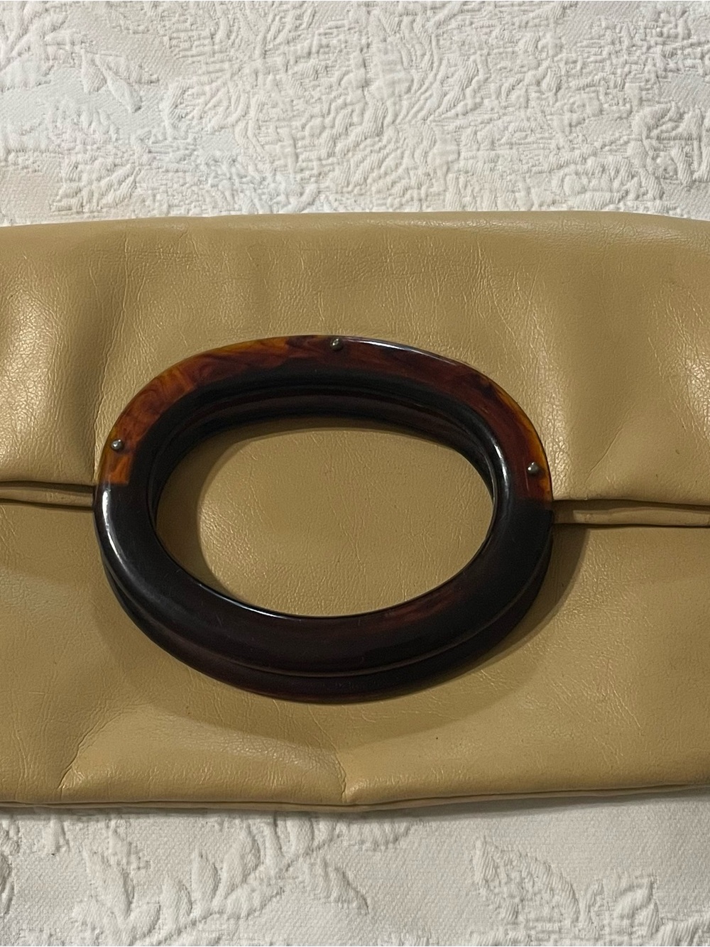 Vintage JR Tan Leather Clutch with Tortoiseshell Oval Handle